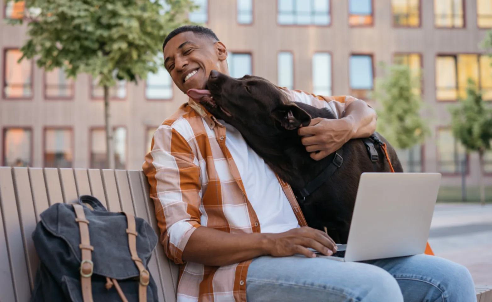 Dog Kissing Man using his Laptop Outside